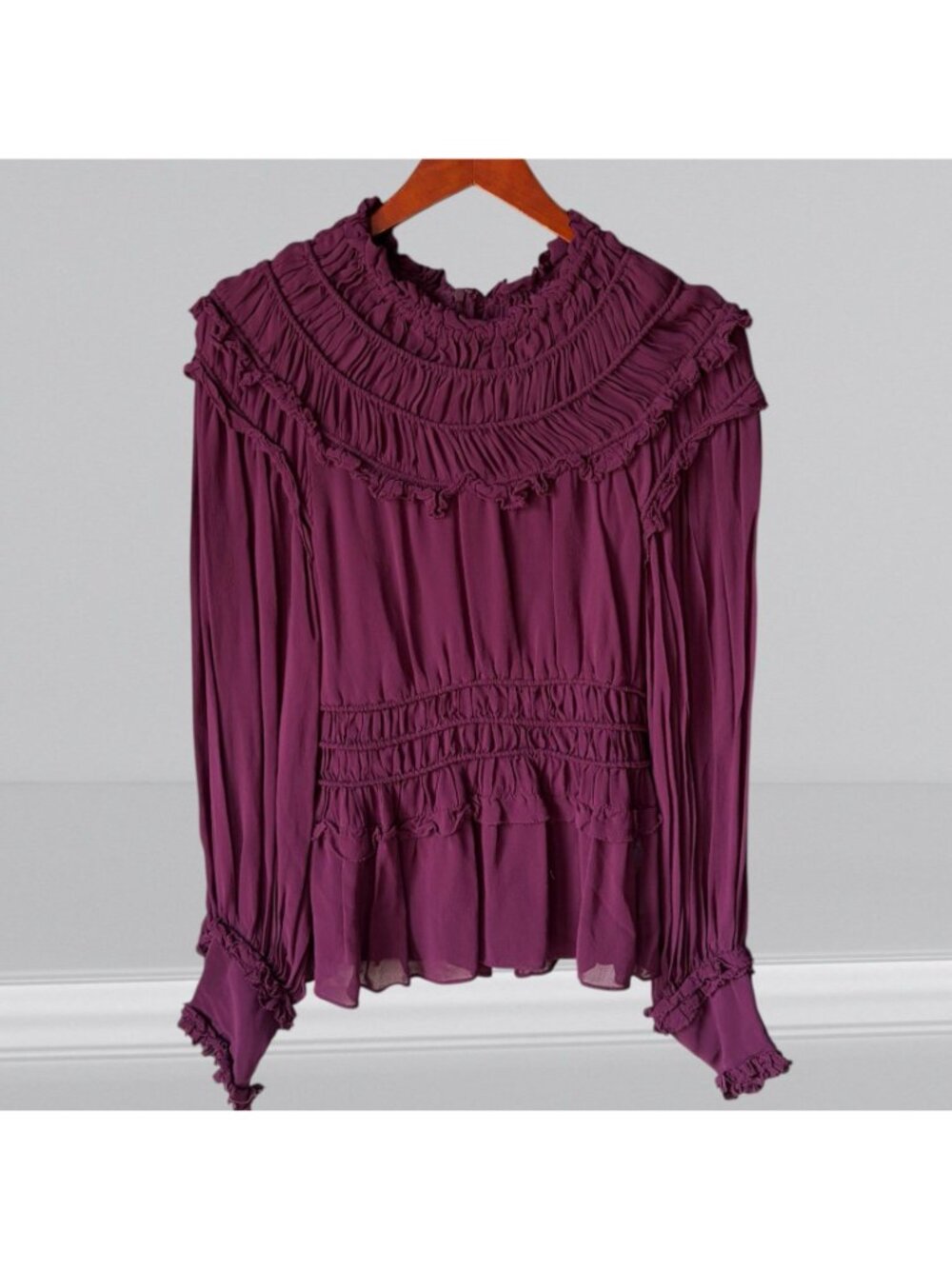 Farm Rio Romantic Ruffle Smocked Boho Long Sleeve Blouse Top Burgundy Size XS - Picture 2 of 9
